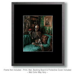 Goth Skeleton on Chaise Lounge Admiring a Rose Art