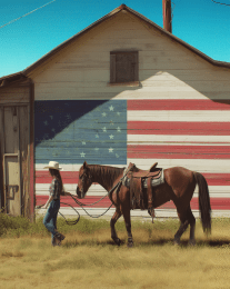 American Life- Cowgirl Leading Horse to the Barn art print