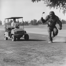 Bigfoot is a Rascal- Bigfoot Pranks a Golfer art print