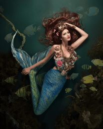 Retro Mermaid Swimming with Friends art print