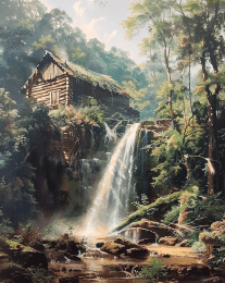 Papa's Boyhood Waterfall Cabin art print