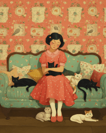 Folk Art Woman with Her Cats
