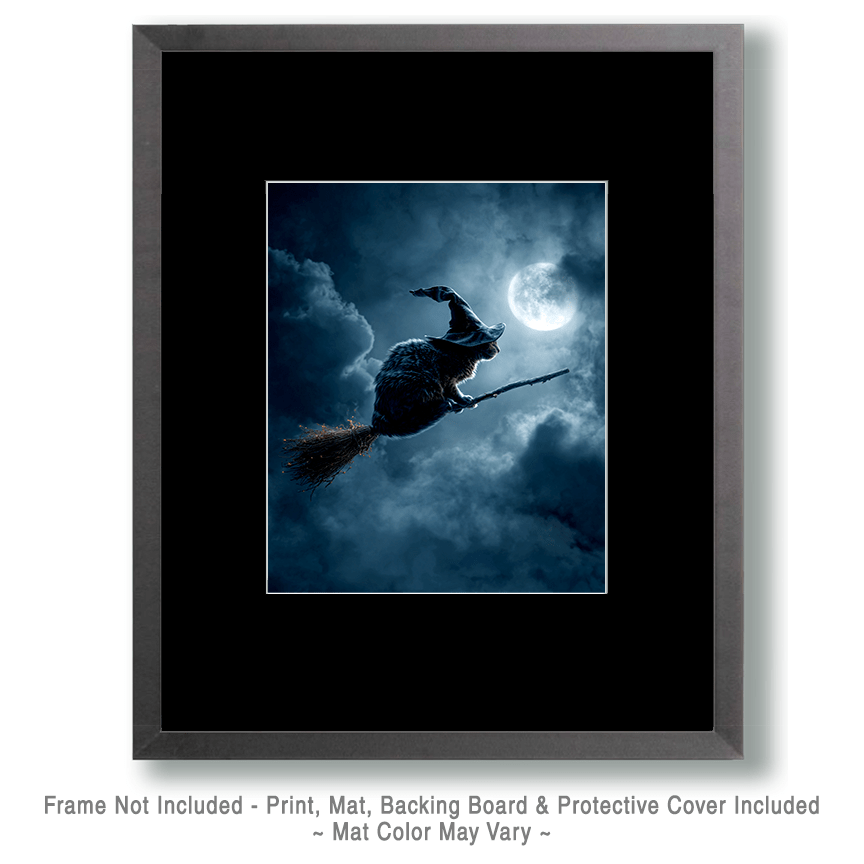Witch Cat on Broom Art
