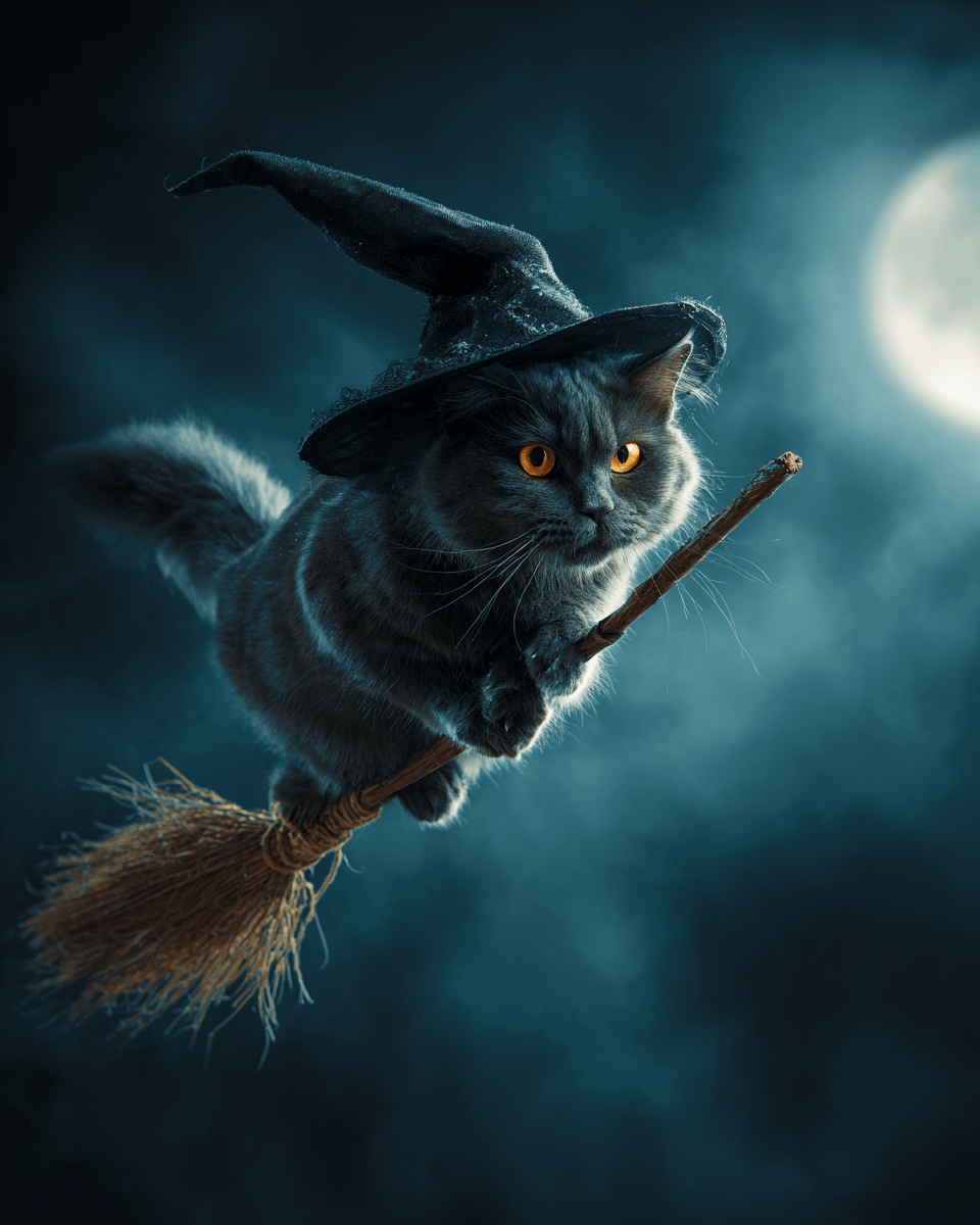 Cat Witch on Broom