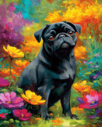 Pug in Flower Garden