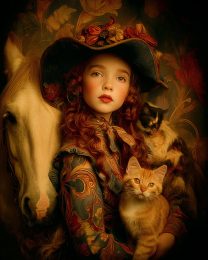 Young Cowgirl and her Dog, Cat, & Horse