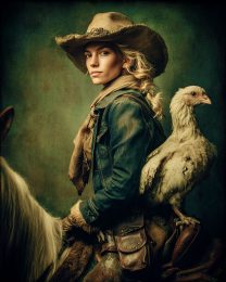 Cowgirl and Chicken on Horse