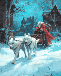 Santa Clause Sleigh Pulled by Wolves