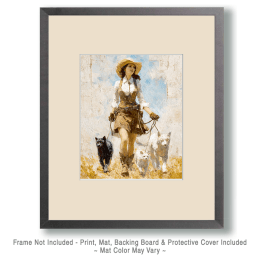 Cowgirl Walking Cats and Dog