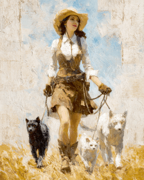 Cowgirl Walking Cats and Dog