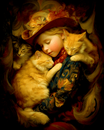 Young Cowgirl Sleeping with Her Cats
