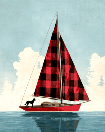 Black Dog on Buffalo Plaid Sailboat