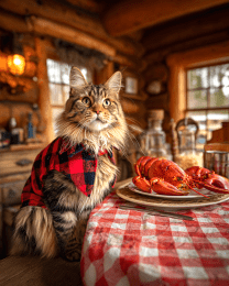 Maine Coon Cat Having a Lobster Dinner