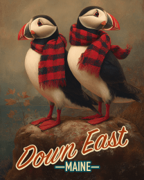 Down East Maine Puffins with Buffalo Plaid Scarves