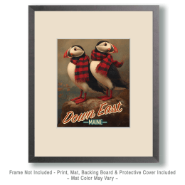 Down East Maine Puffins with Buffalo Plaid Scarves Art