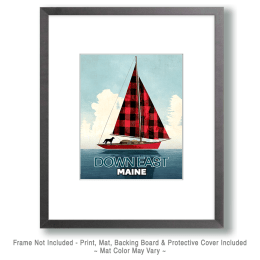 Maine - Black Dog on Buffalo Plaid Sailboat Art