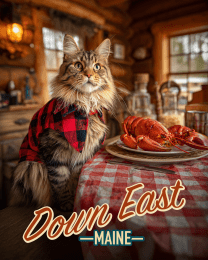 Down East Maine Coon Cat Having a Lobster Dinner