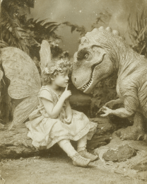 Young Fairy Telling Young T-Rex a Dinosaur Story - Antique Style Photo
