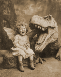 Young Fairy Telling T-Rex a Dinosaur Joke - Antique Style Photo