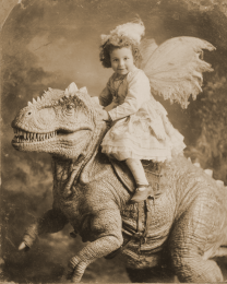 Fairy Riding a T-Rex Dinosaur - Antique Style Photo