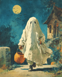 Scared Ghost Running from Haunted House