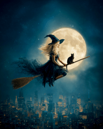 Black Cat Riding with Her Witch