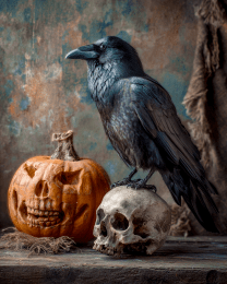 Crow, Skull, & Scary Pumpkin Still-Life