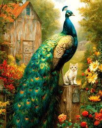 Peacock with kitten