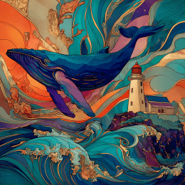Art Nouveau Whale and Lighthouse art print