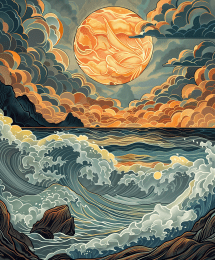 Art Nouveau Moon over Ocean art print