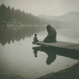 Bigfoot on Dock Having a Heart-to-Heart Talk art print