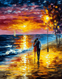 Impressionism Couple Walking on Beach at Sunset art print