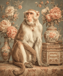 Monkey and Peony Themed Still Life art print