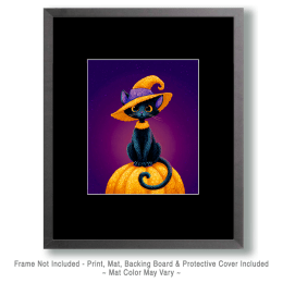 Black Cat Witch on a Pumpkin Art