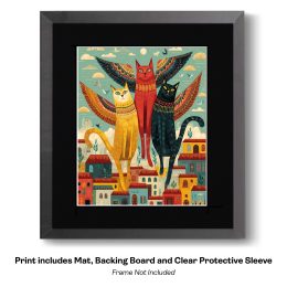 Folk Art Angel Cats Rising From the City art print