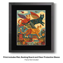 Folk Art Angel Cats Over City art print