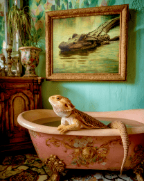 Bearded Dragon Lizard in a Bathtub with Alligator Pic Above