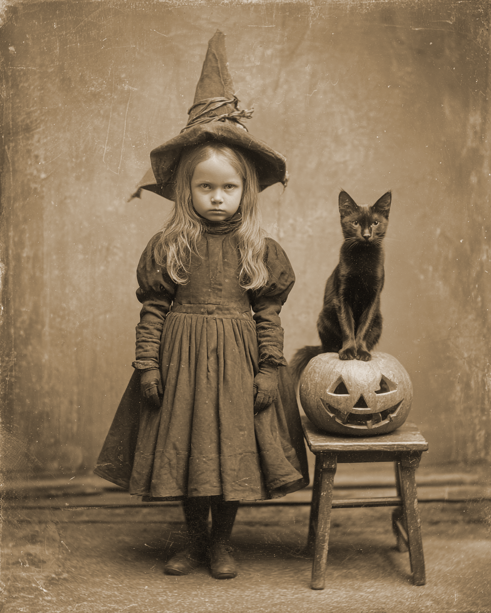 Vintage Girl Cat & Pumpking Still-Life