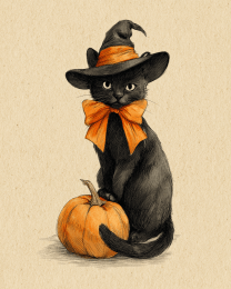 Black Cat Witch & Pumpkin Still-Life
