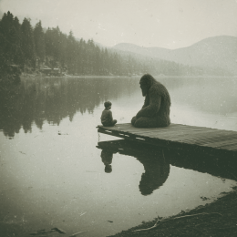 Bigfoot on Dock Having a Heart-to-Heart Talk art print