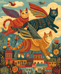 Folk Art Angel Cats Over City art print
