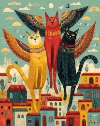 Folk Art Angel Cats Rising From the City art print