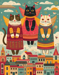 Folk Art Cats Rising to the Heavens art print