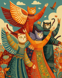 Folk Art Group of Angel Cats Waving art print