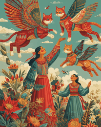 Mayan Folk Art Praise to the Angel Cats art print