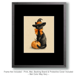 Black Cat Witch & Pumpkin Still-Life Art