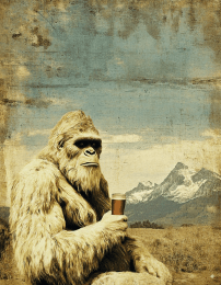Bigfoot Having a Beer in a Mountain Meadow