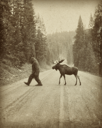 Bigfoot and Moose Crossing the Road