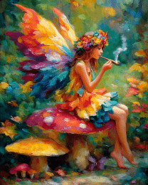 Fairy Hippie Sitting on an Amanita Mushroom Smoking Marijuana