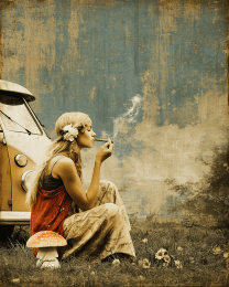 Vintage Hippie Smoking Marijuana by Her Van